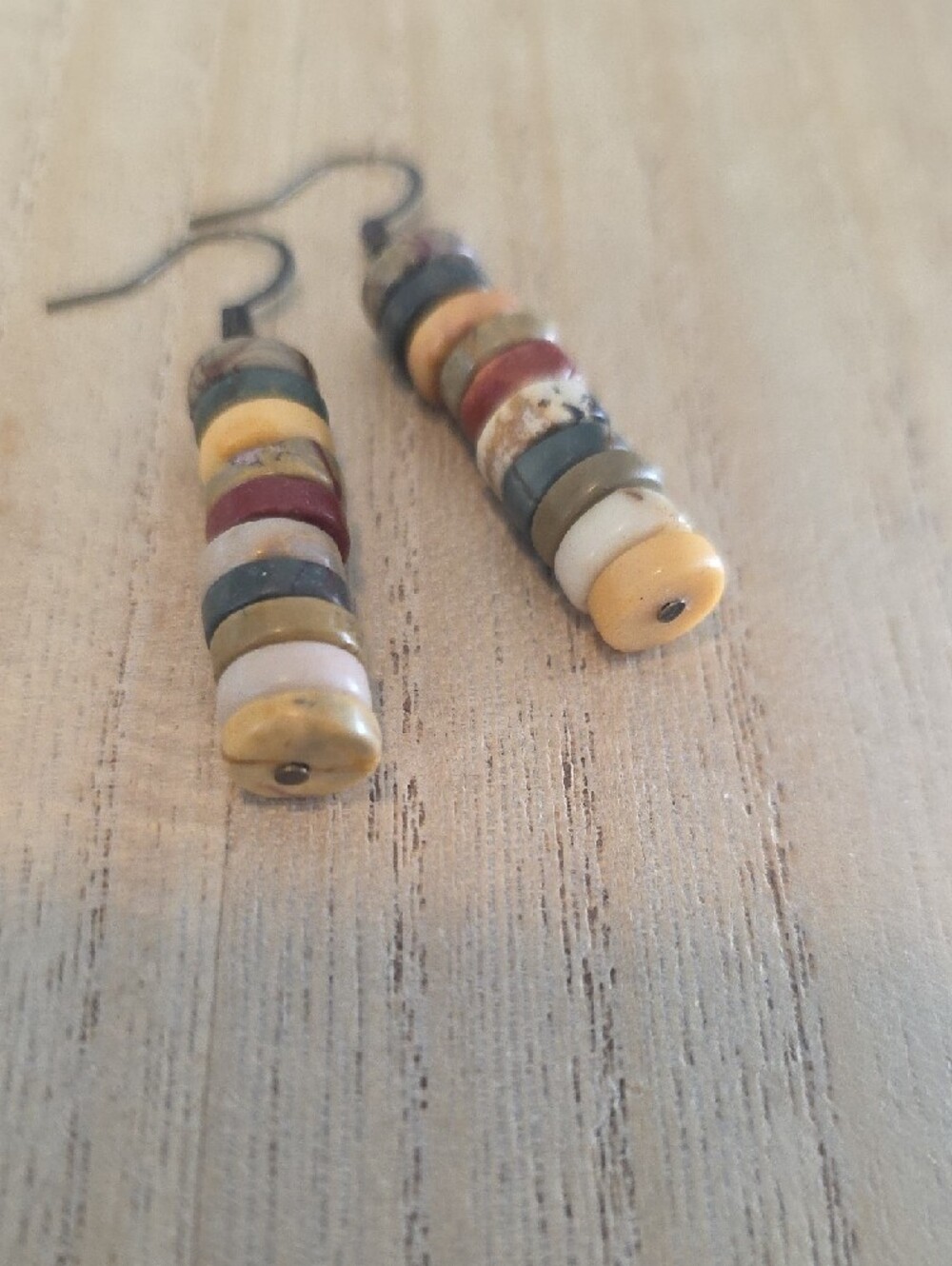 Handmade Stacked Earth-Tone Bead Drop Earrings - Picture 5 of 6